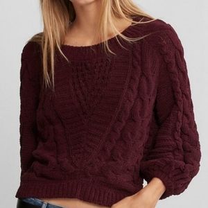 Express Chenille Maroon Sweater, Balloon Sleeves, Crew Neck Sweater